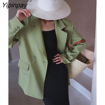 Yipinpay 2023 Autum Oversize Long Sleeve Green Women Blazer Office Lady Solid Work Suit Blazers Work Female Clothing Jackets Coat